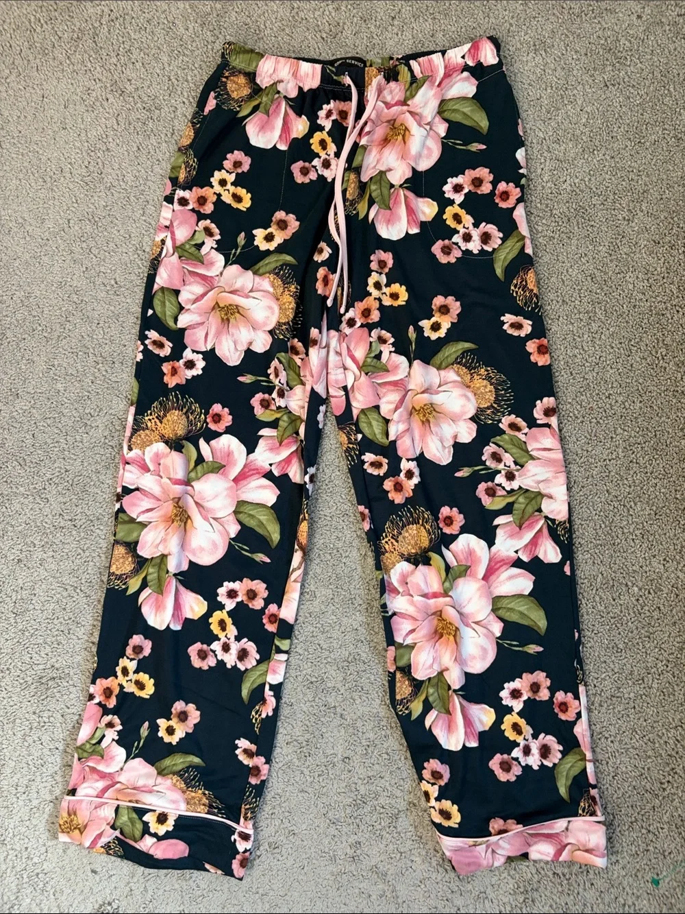 Room Service Dark Floral Pajamas Sleep Loungewear Set Pink Black XS Pockets